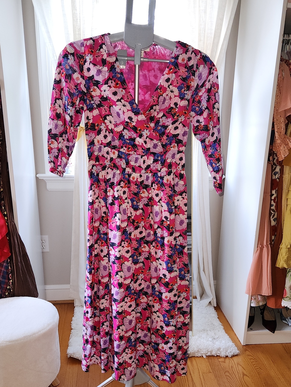 On -34th Pink Floral Wrap Midi Dress
